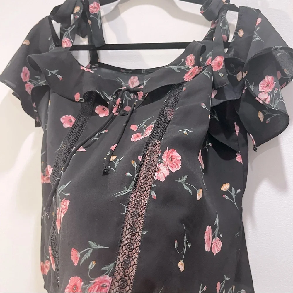 H&M Floral Semi Sheer Dainty Shoulder Tie Flutter Sleeve Summer Front Bow Blouse - Picture 6 of 8